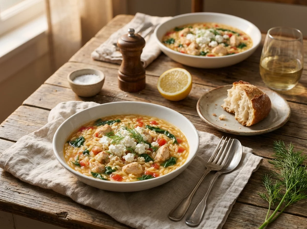 Two bowls of chicken orzo soup on a wood table with crusty bread, a glass of white wine, and a linen napkin