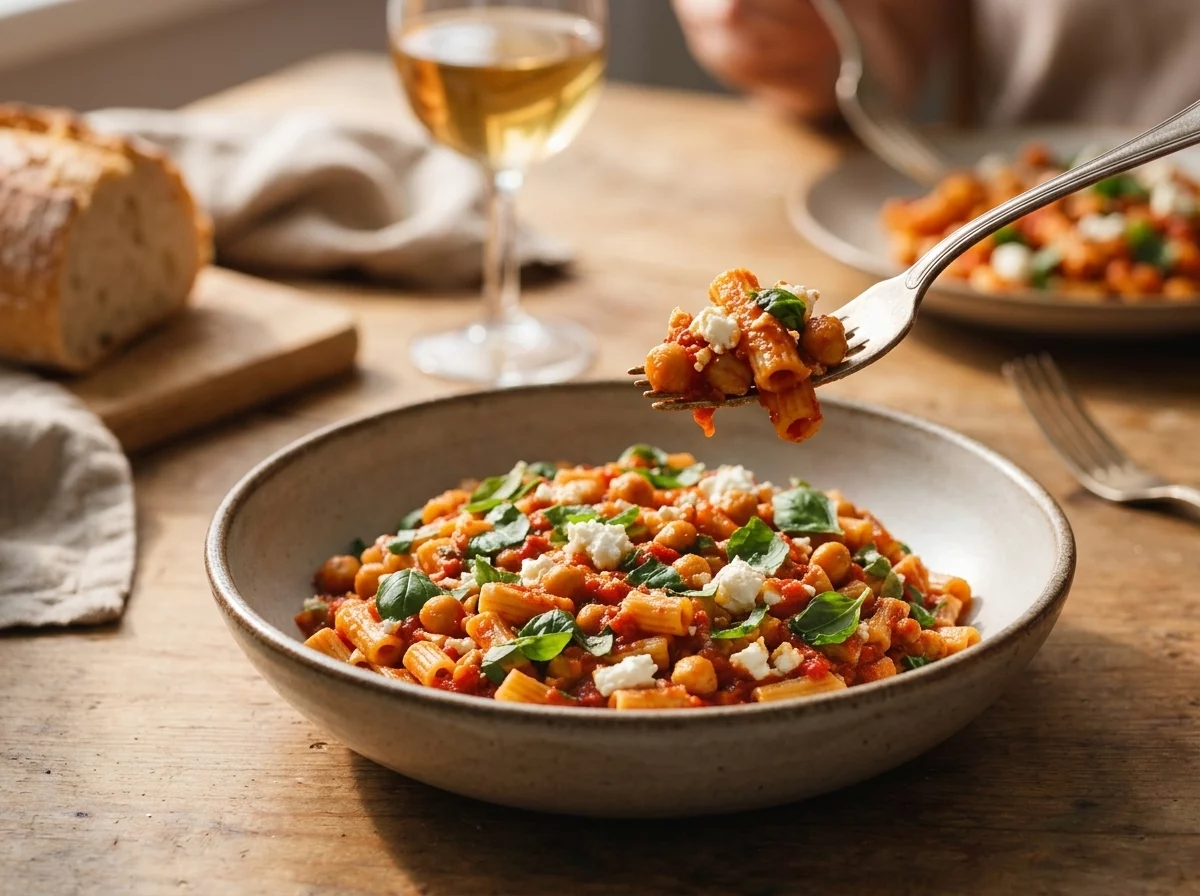 Two bowls of pasta on a linen napkin with a glass of white wine and crusty bread nearby in warm light