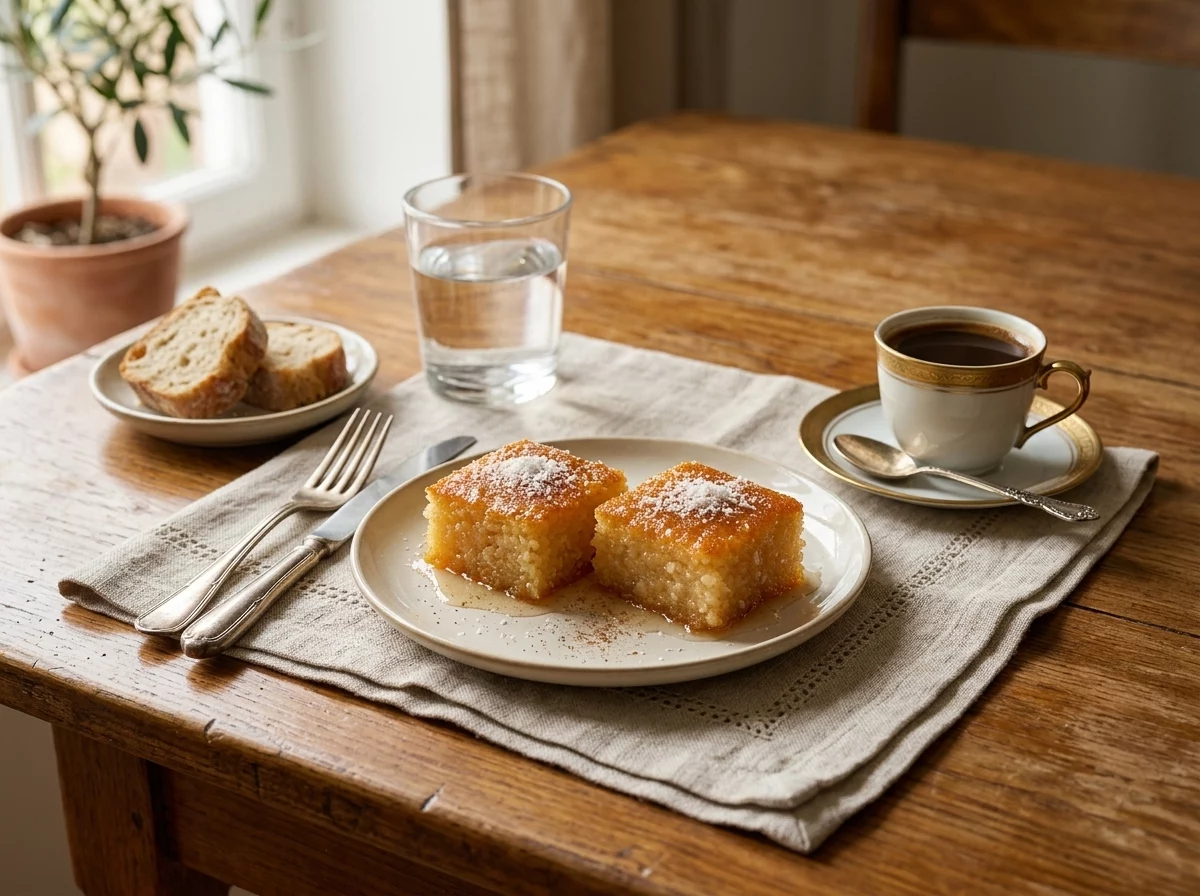Two squares of syrup-soaked semolina cake on a small plate beside a cup of coffee on a linen-covered table