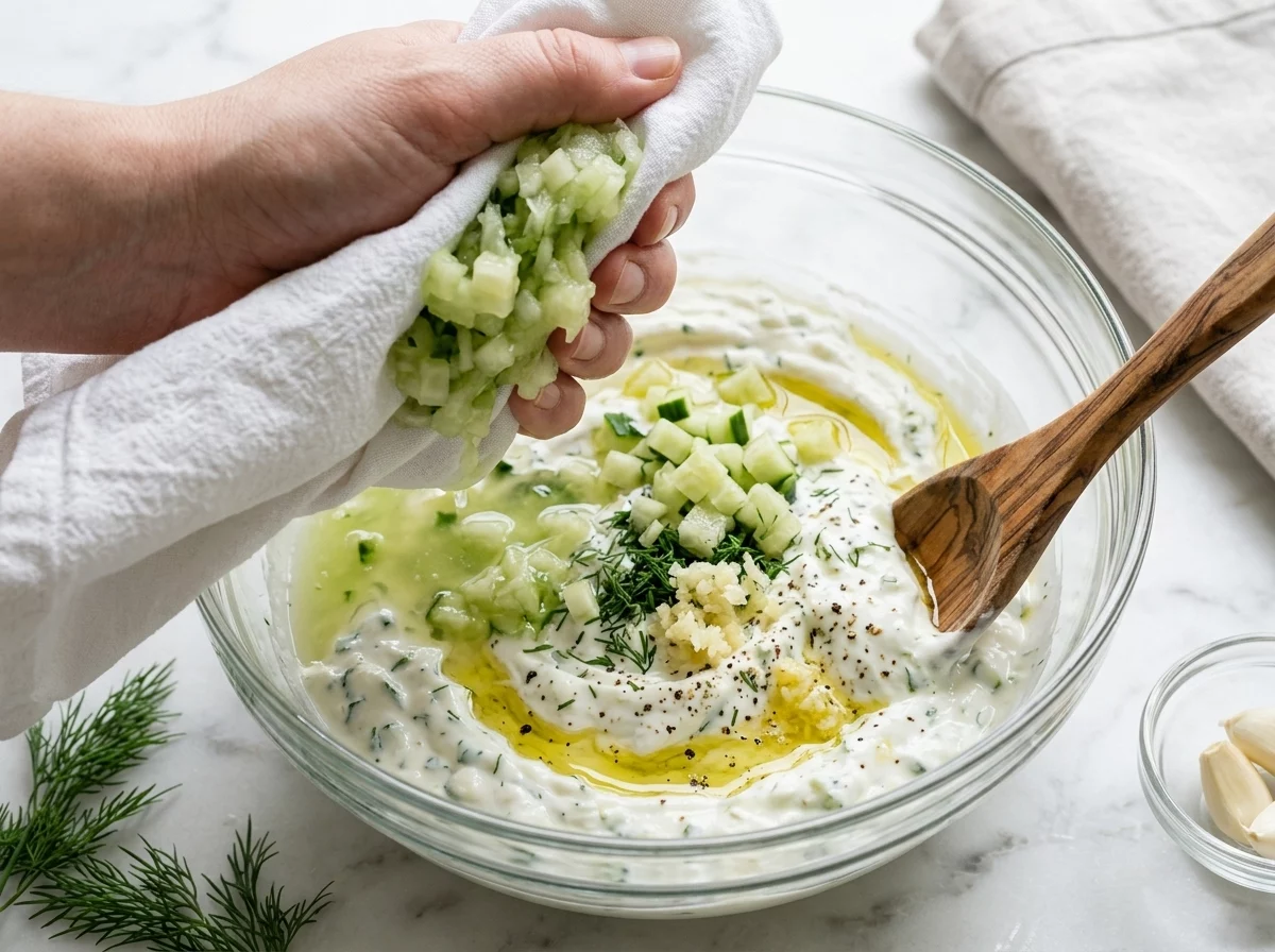 A cook squeezing grated cucumber inside a clean kitchen towel over a bowl to remove excess water before mixing tzatziki.