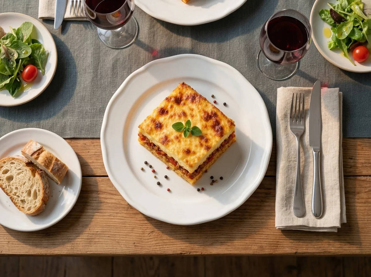 Sliced pastitsio on a linen napkin next to a Greek salad bowl and two glasses of red wine at dinner.