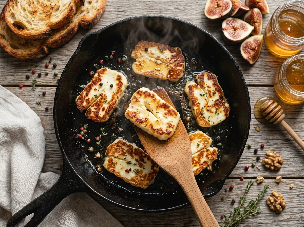 Halloumi slices sizzling in a cast iron skillet, turning golden at the edges as a spatula lifts one piece