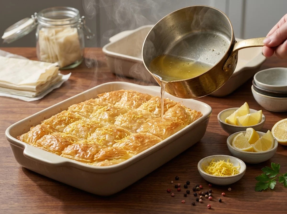 Hot lemon syrup being poured over a freshly baked phyllo pie, steam rising from the golden crust in the pan.