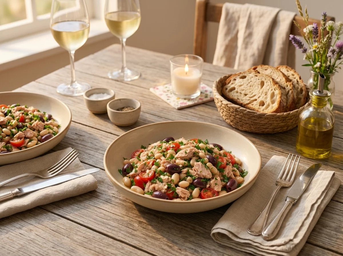 Two plates of tuna and white bean salad on a wooden outdoor table with crusty bread and a glass of white wine