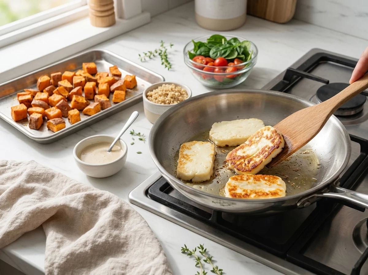 Close-up of pale halloumi squares turning golden and crisp in a hot skillet with a wooden spatula lifting one slice