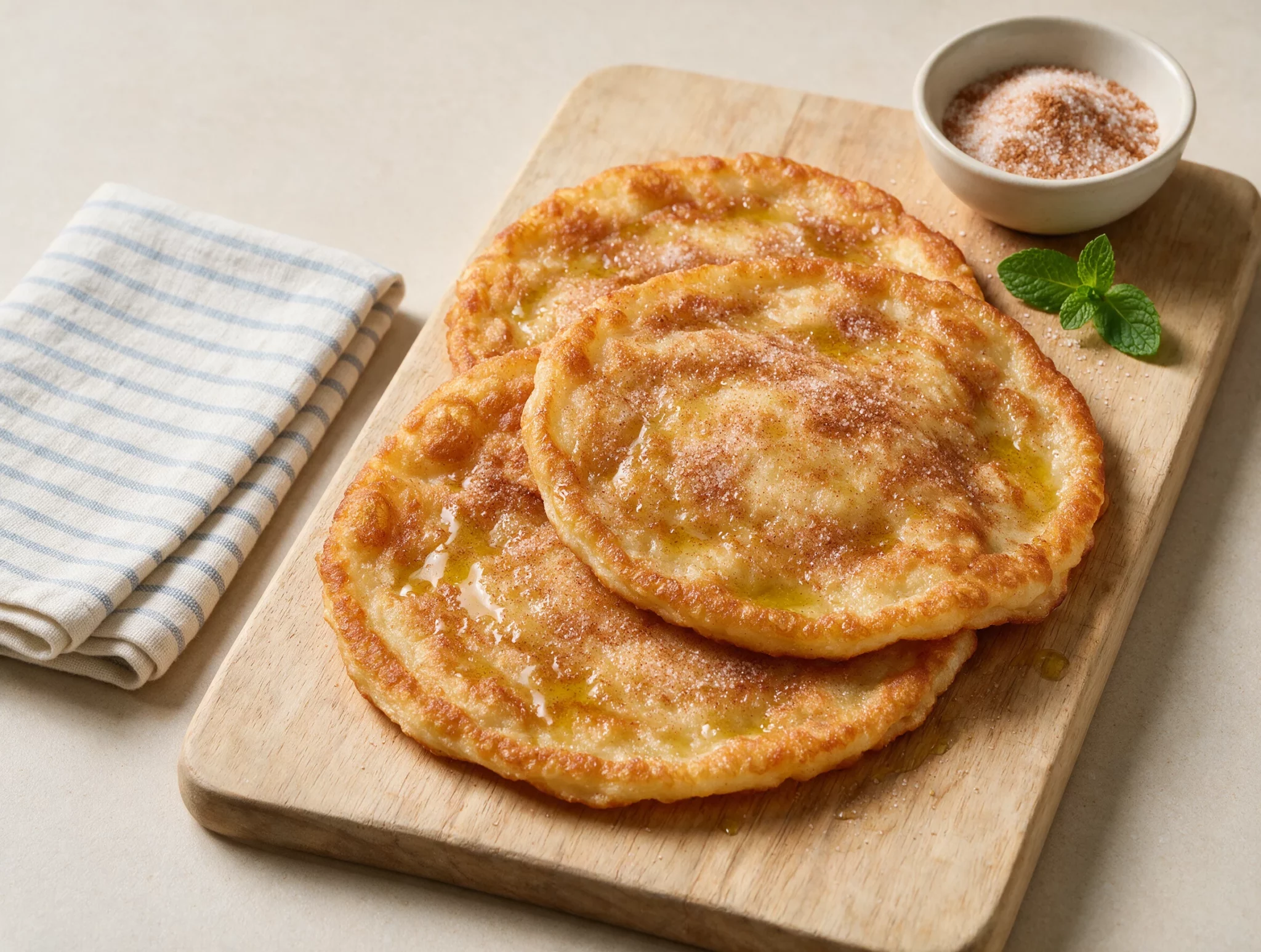 Golden Cypriot katimeria pancakes stacked on a wooden board, dusted with cinnamon sugar under warm window light