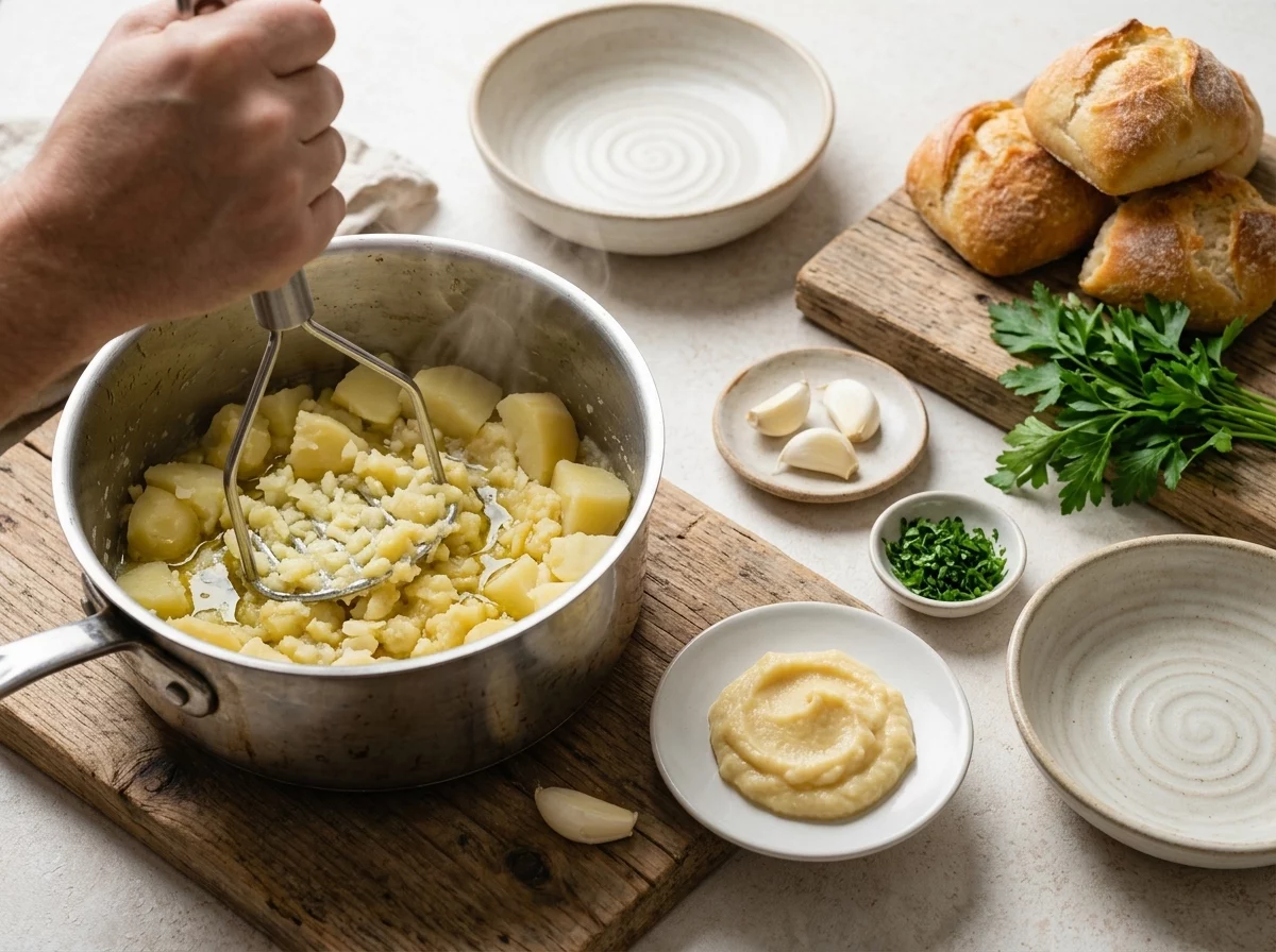 Hands mashing warm boiled potato chunks with a wooden masher in a steel saucepan, garlic paste waiting on a small plate.