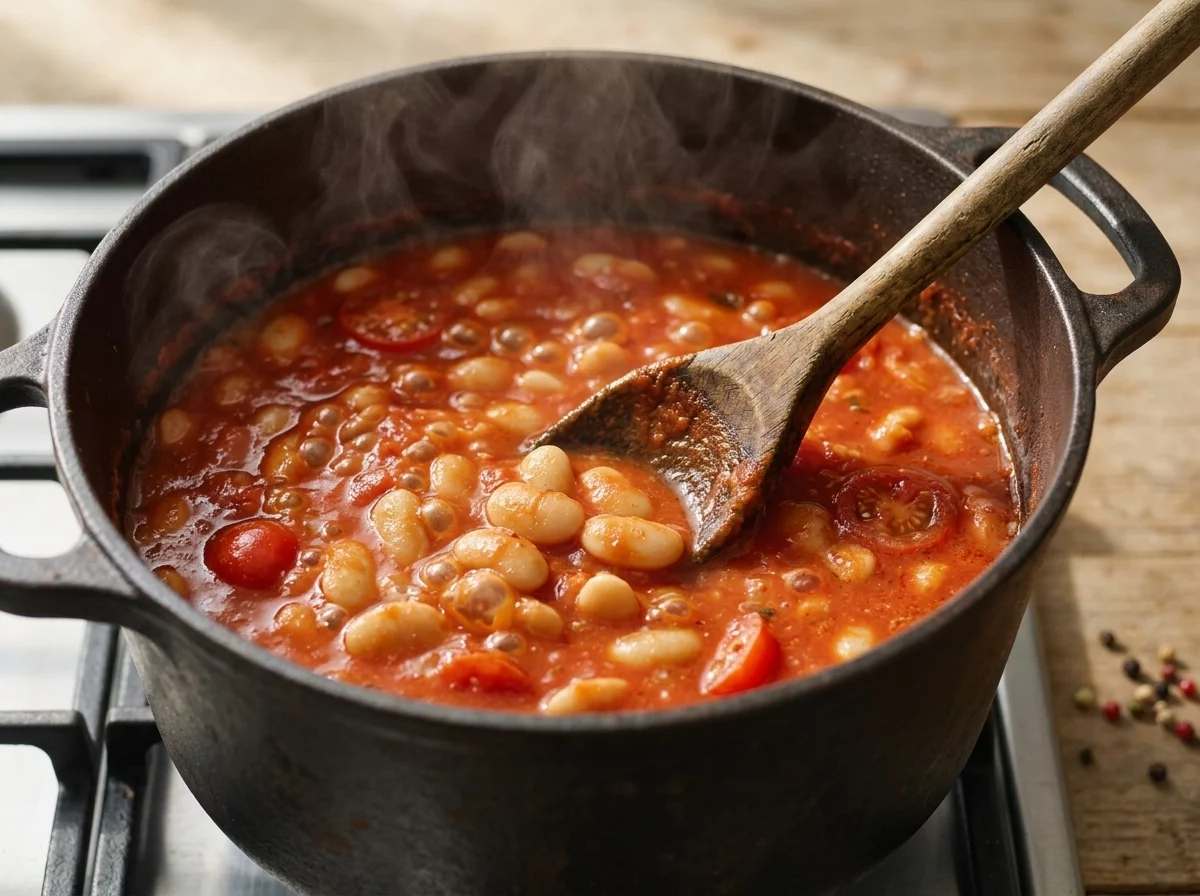 Butter beans simmering in thick tomato sauce inside a Dutch oven, wooden spoon stirring through steam