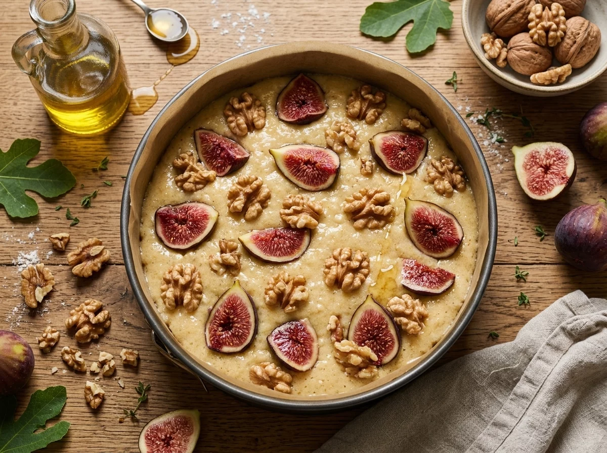 Fresh fig halves being pressed cut-side up into pale batter in a parchment-lined cake pan, walnuts scattered nearby.