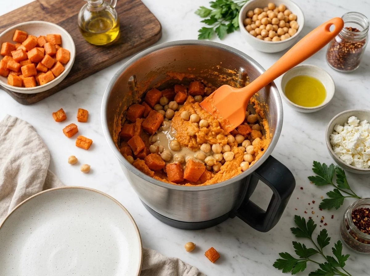 Food processor bowl filled with roasted carrot chunks, chickpeas, and tahini mid-blend, spatula scraping the sides