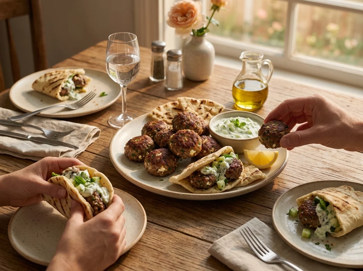 Hands assembling a pita wrap with lamb meatballs and yogurt sauce at a rustic table set with linen napkins