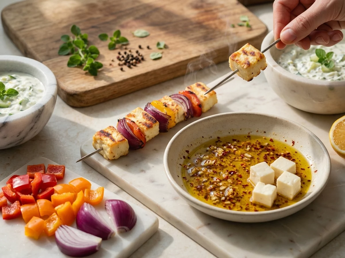 Halloumi cubes and pepper chunks being threaded onto a metal skewer next to a bowl of olive oil marinade.