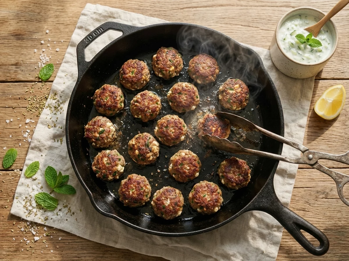 Lamb meatballs sizzling in olive oil in a cast-iron skillet, tongs turning one to brown the other side