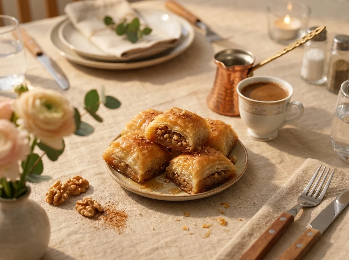Two daktyla pastries on a small plate beside a cup of coffee on a linen cloth, one broken open showing the filling
