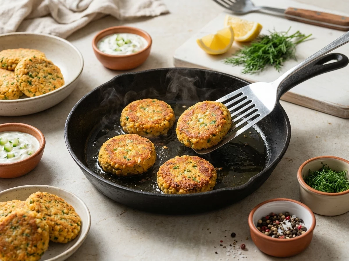 Chickpea fritter patties frying in olive oil in a cast-iron skillet, edges turning golden as a spatula lifts one.