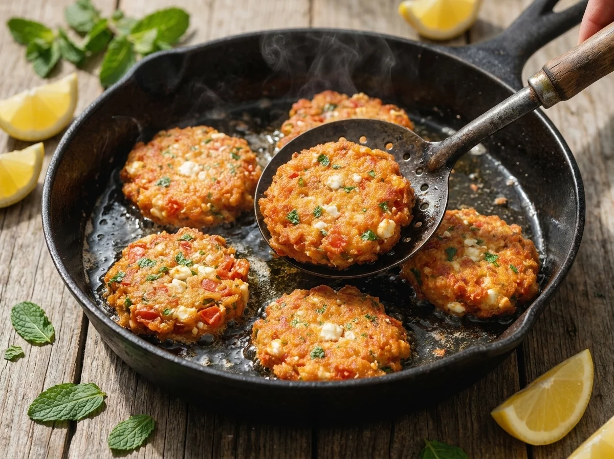 Tomato fritter batter sizzling in a cast iron skillet as a slotted spoon lifts one crisp golden fritter from the oil