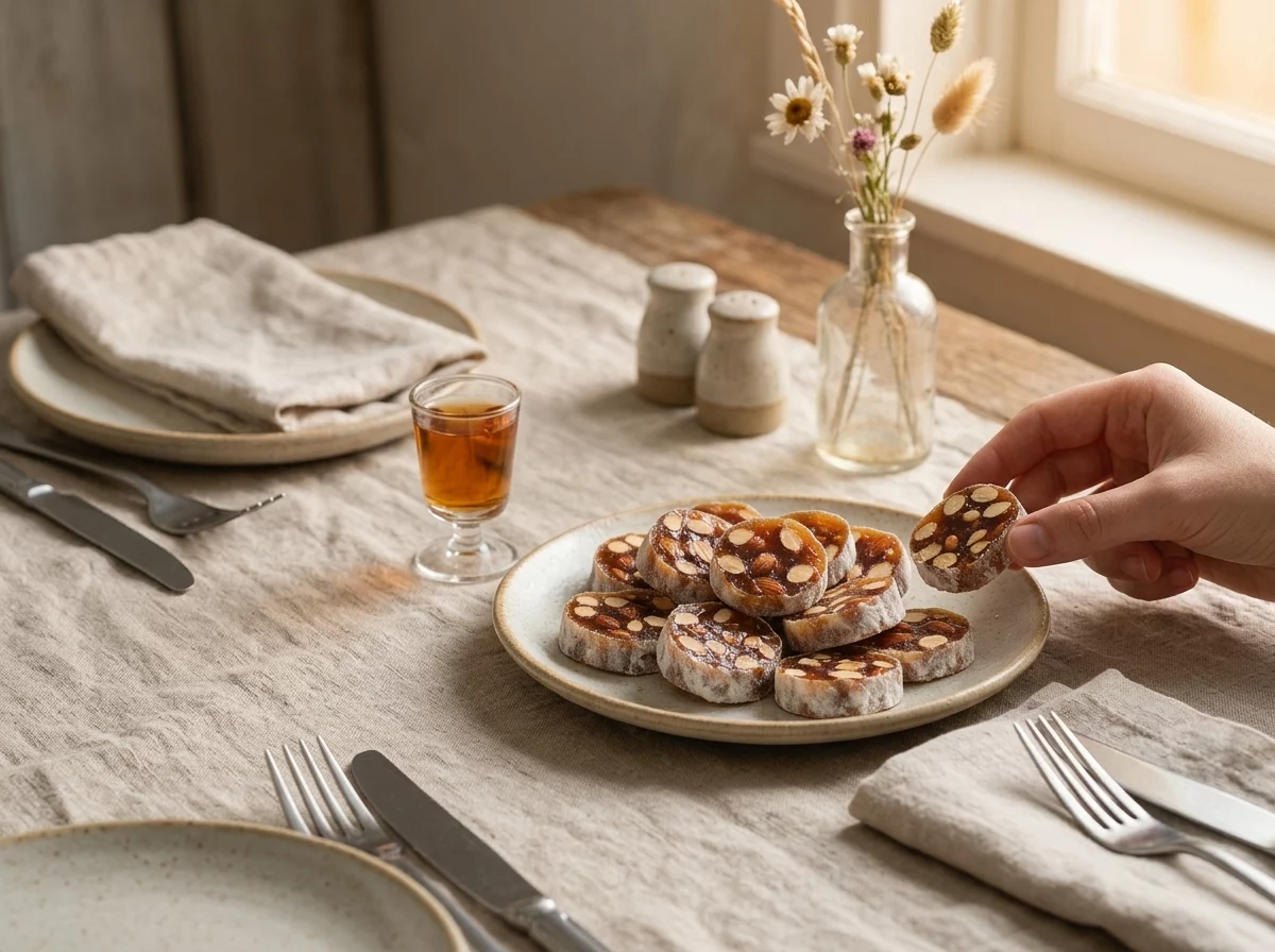 A small plate of sliced soutzoukos served beside dried figs and a glass of sweet Cypriot wine on linen
