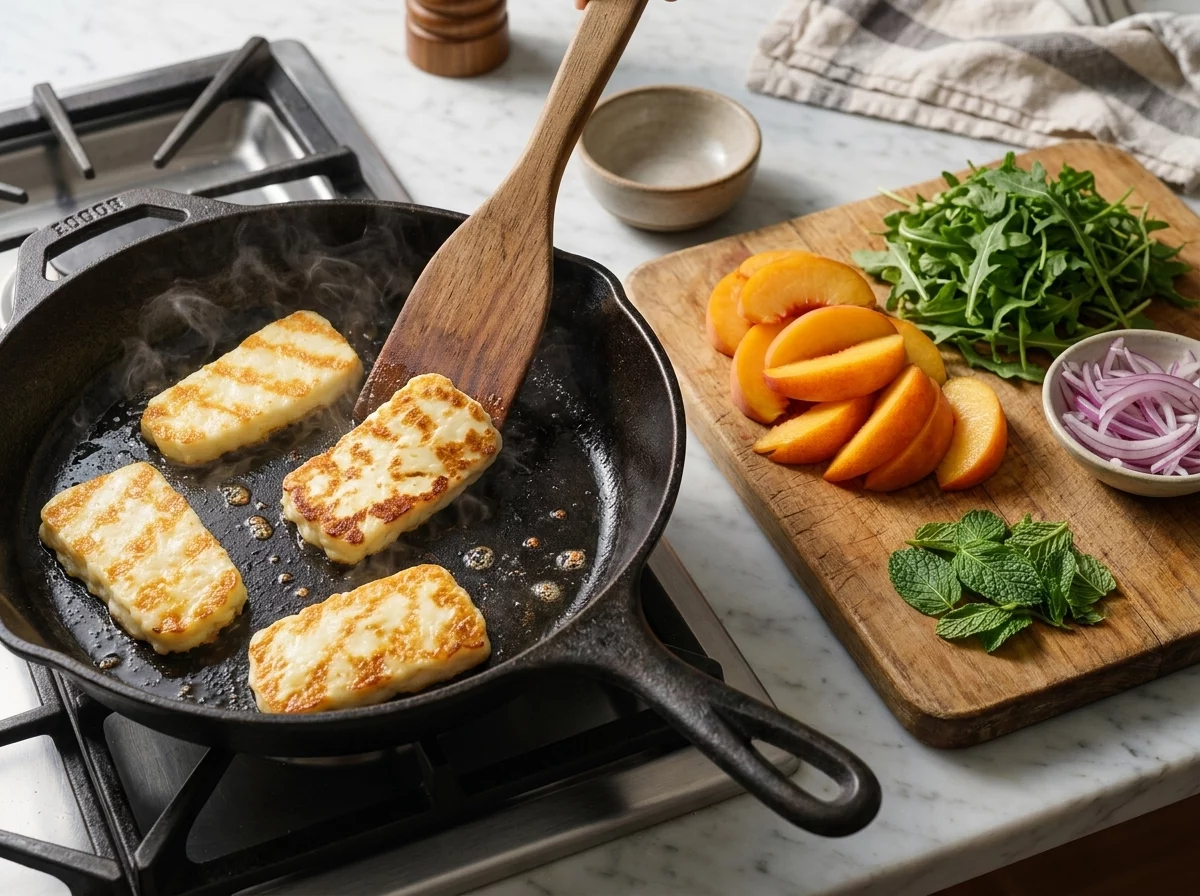 Halloumi slices browning in a dark skillet with visible golden crust while peach wedges sit on a wooden board nearby