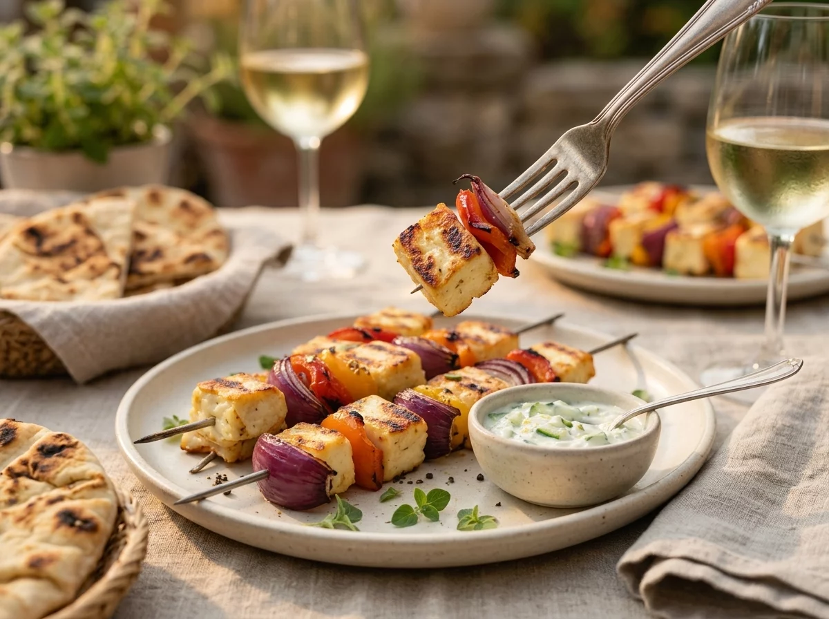 Hands reaching for a grilled halloumi skewer at an outdoor table set with pita, tzatziki, and a glass of white wine.