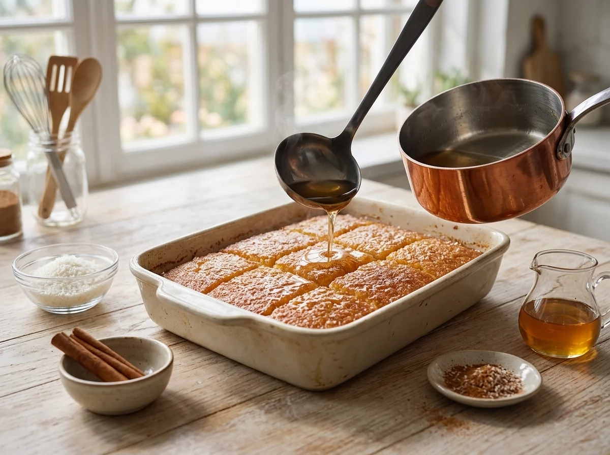 Warm lemon syrup being poured over a hot semolina cake cut into squares inside a baking dish, syrup soaking into the crumb