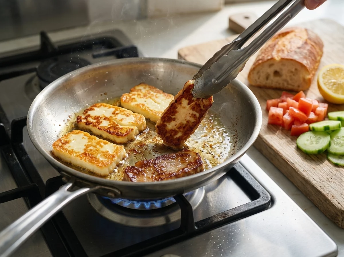 Lountza and halloumi slices sizzling in a stainless skillet, edges turning golden brown, with tongs lifting one piece from the pan.