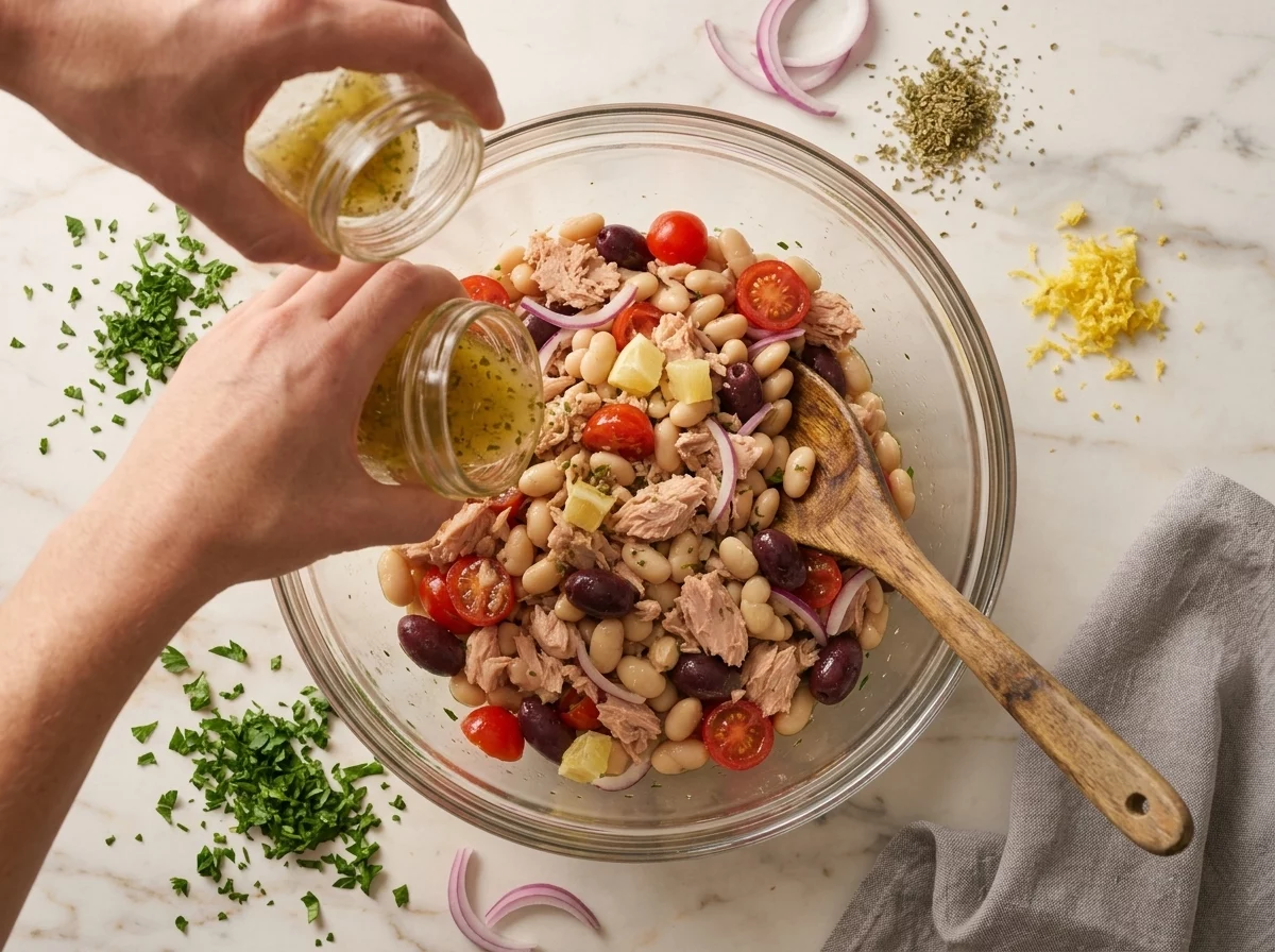 Hands tossing tuna chunks, cannellini beans, and diced cucumber in a glass bowl with lemon dressing being poured over