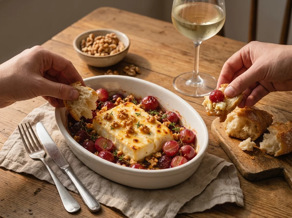Two hands tearing bread to scoop warm feta and grapes from the dish, linen napkin and wine glass on a wooden table.