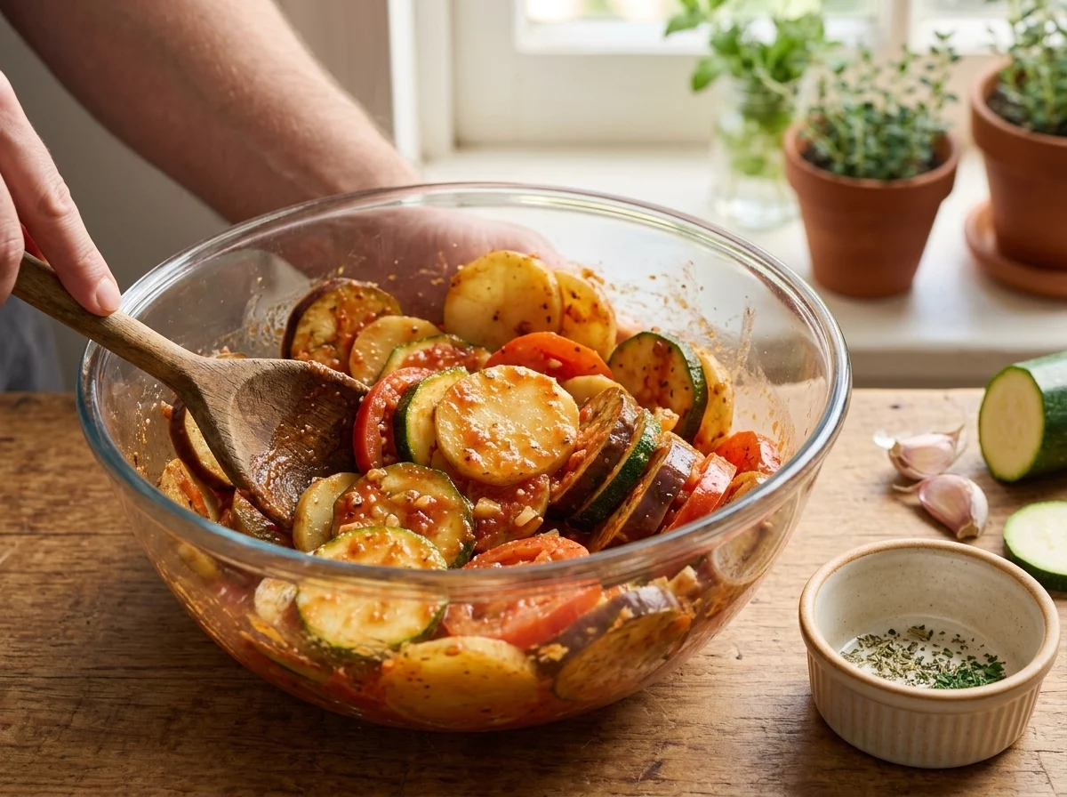 Hands tossing raw sliced vegetables in tomato sauce inside a glass mixing bowl before transferring to the baking dish