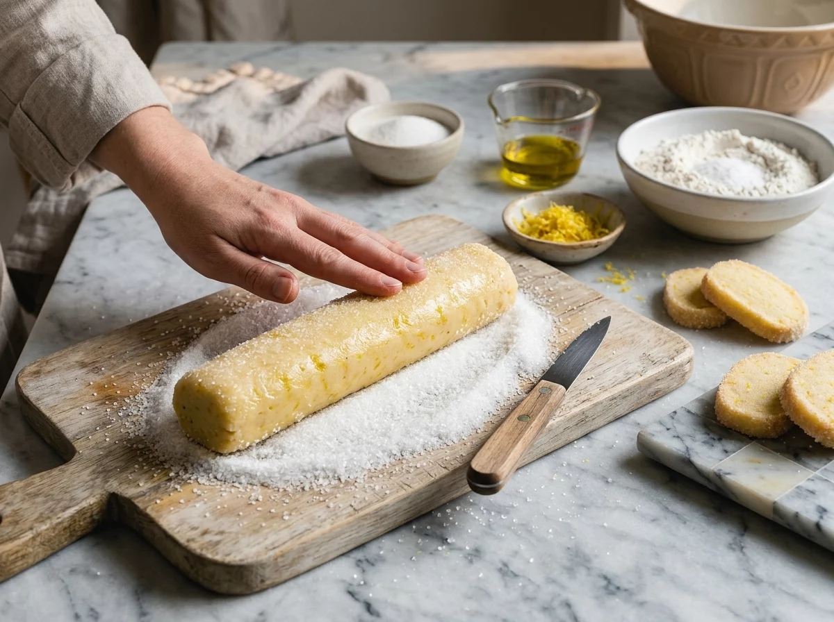Hands rolling a chilled dough log through sugar on a wooden board before slicing into round shortbread cookies.