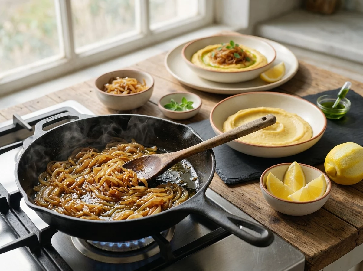 Sliced onions turning deep golden brown in a skillet, caramelizing slowly in olive oil as a wooden spoon stirs them.