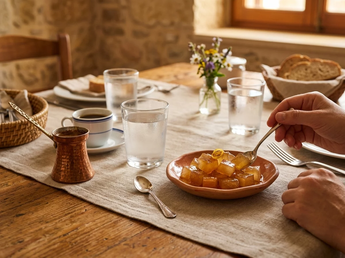 Small dish of watermelon rind spoon sweet served beside Cypriot coffee and a glass of water on a wooden table
