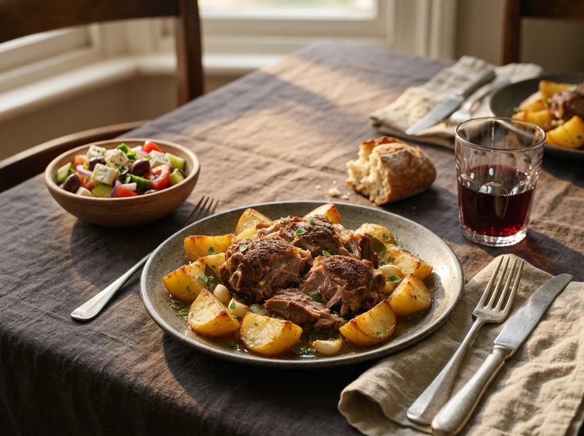 Table set with a plate of kleftiko lamb and potatoes next to a Greek salad, crusty bread and a glass of red wine