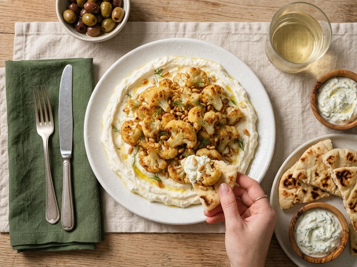 Hand scooping whipped feta and roasted cauliflower with warm pita at a linen-covered table in golden light