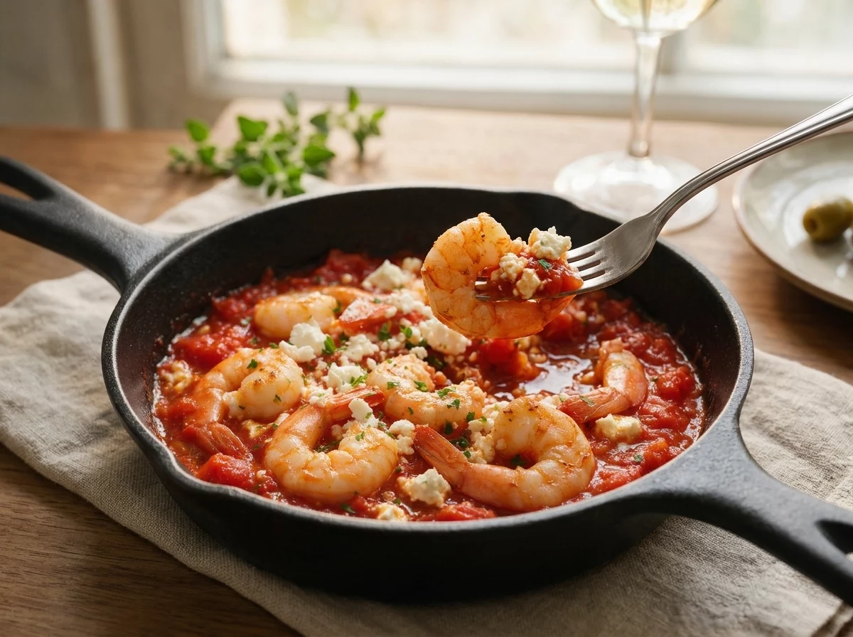 Hands tearing bread over a shared skillet of shrimp saganaki at a table set with linen napkins and a glass of wine
