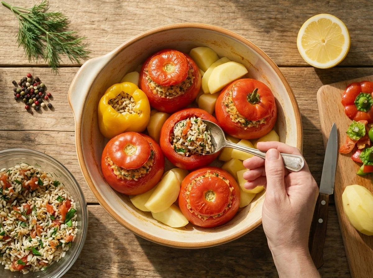 Hand spooning uncooked rice and herb filling into a hollowed tomato half next to a bowl of chopped tomato pulp.