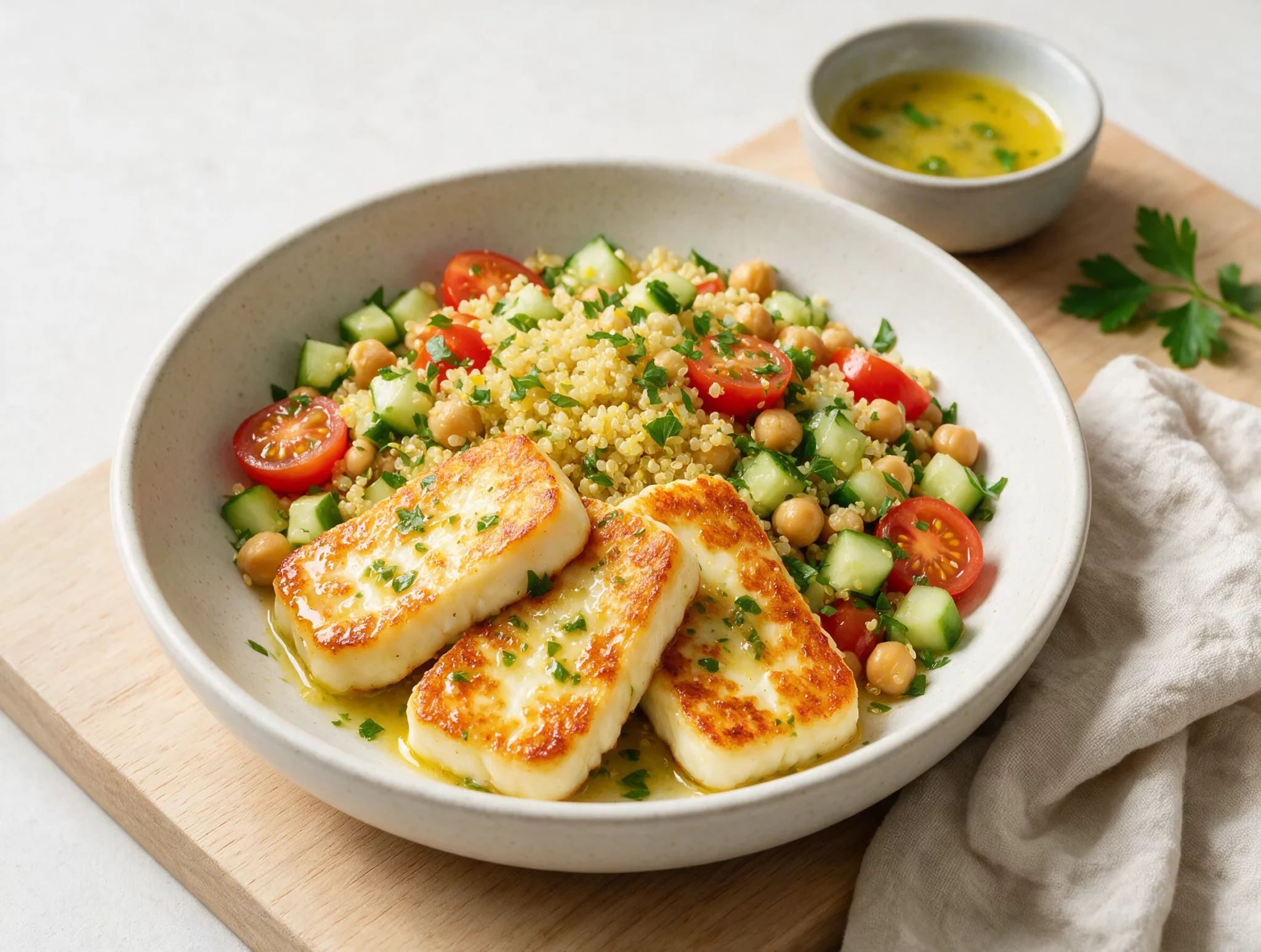 Pan-Seared Halloumi Grain Bowls with Lemon Herb Dressing