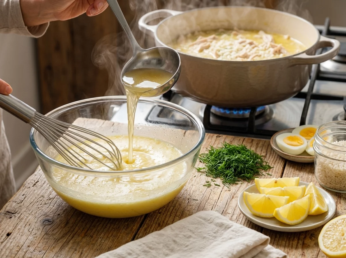 Whisking eggs and lemon juice in a glass bowl while hot broth streams in from a ladle, tempering the mixture over a pot.