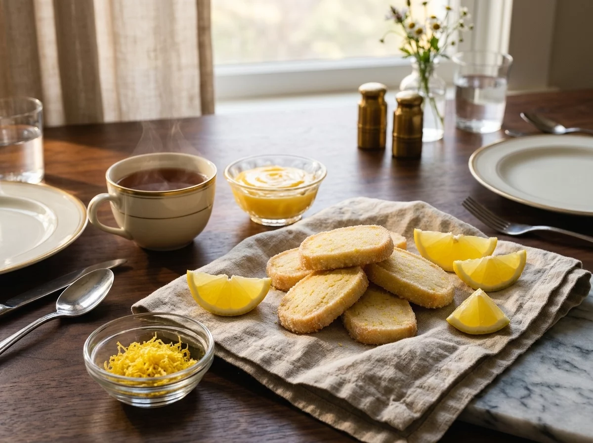 Sugared shortbread cookies piled on a linen napkin beside a steaming teacup on a sunlit table.