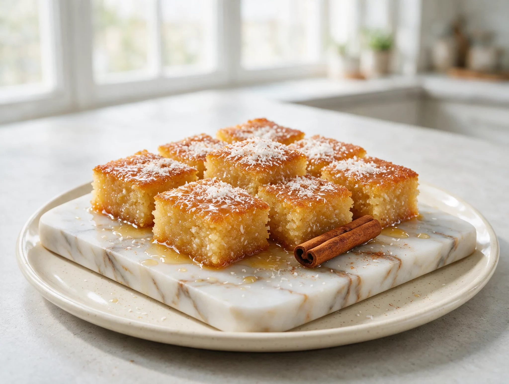 Golden squares of Cypriot semolina cake glossy with lemon syrup, coconut flecks visible, arranged on a marble board