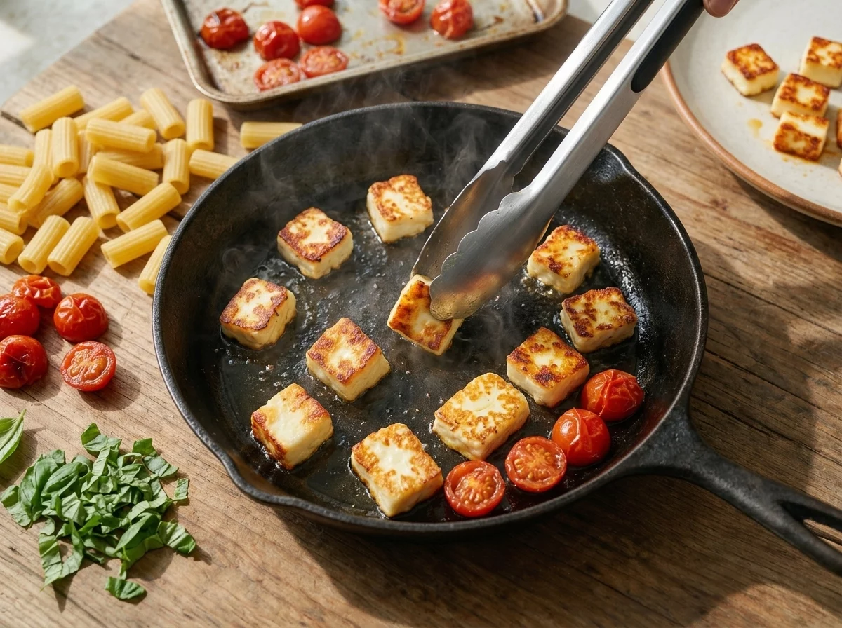 Halloumi slices searing golden in a skillet while tongs flip one piece next to a tray of roasted tomatoes.