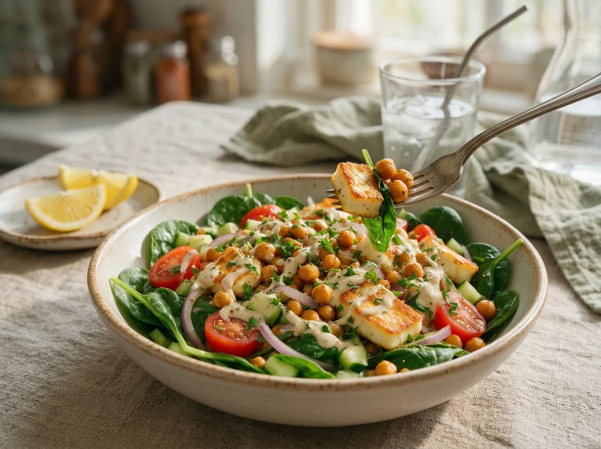 Two hands reaching for a halloumi and chickpea bowl at a linen-covered table with lemon wedges and a fork
