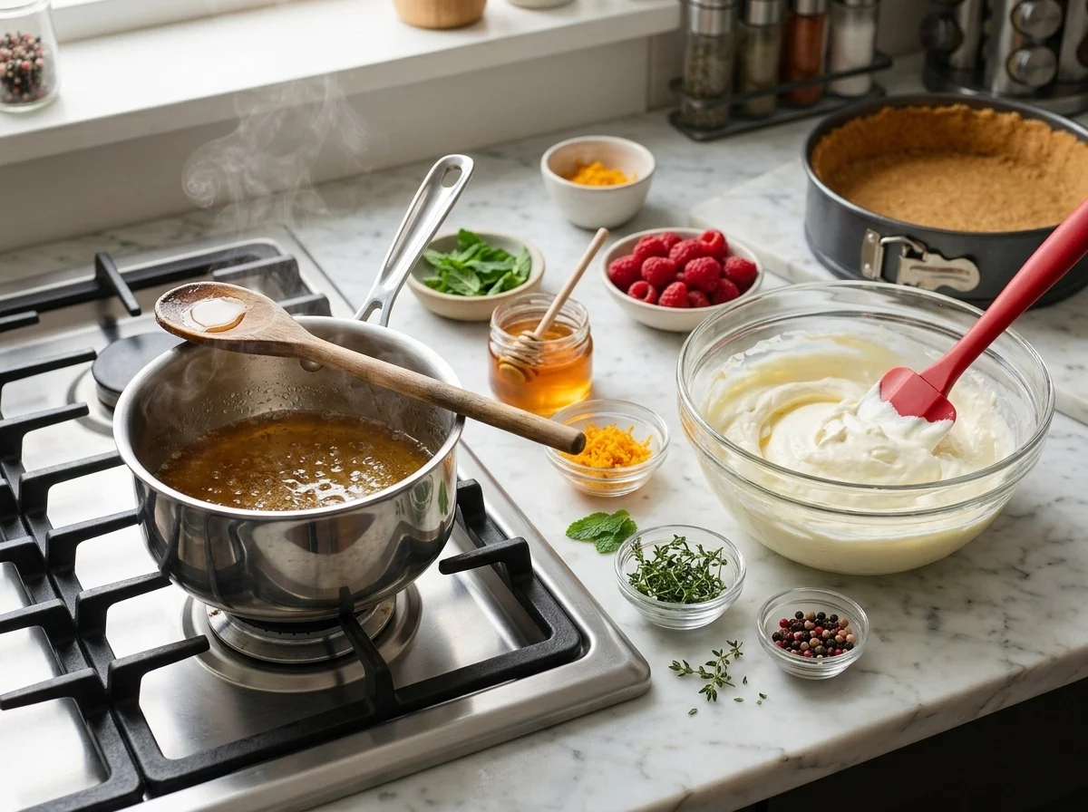 Folding whipped cream into a bowl of honey-sweetened Greek yogurt and cream cheese filling with a rubber spatula.
