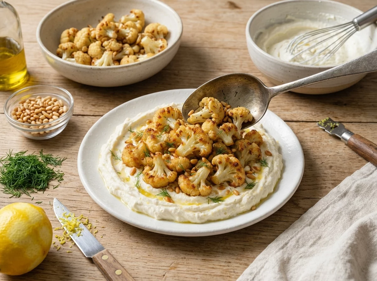 Raw cauliflower florets tossed with olive oil, paprika, and sliced garlic spread across a parchment-lined sheet pan