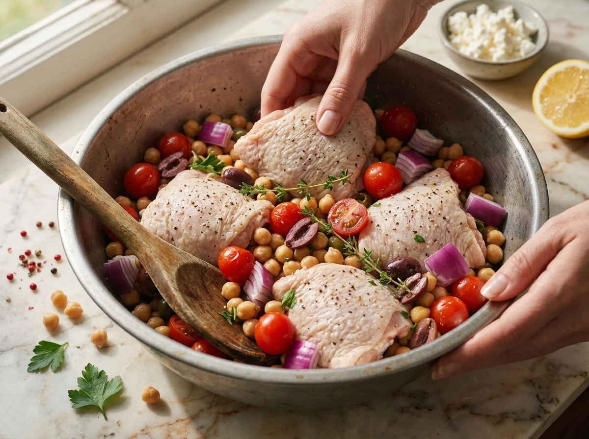 Raw chicken thighs being nestled skin side up into a bowl of chickpeas, red onion, and olives before roasting