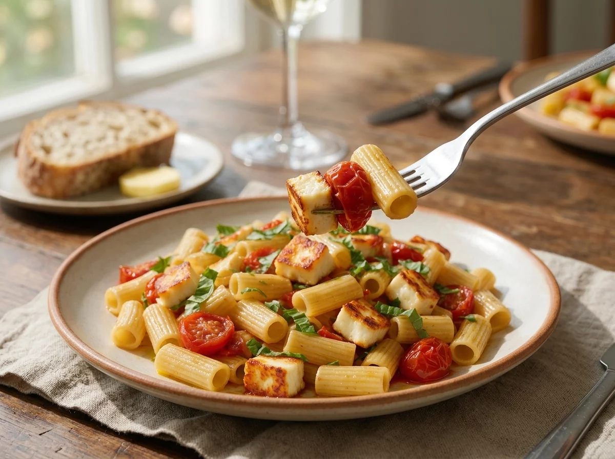 Someone twirling roasted tomato halloumi pasta with a fork at a rustic table set with linen napkin and wine.