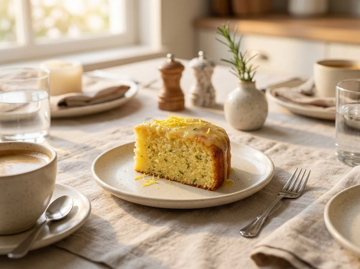 Slice of lemon rosemary olive oil cake on a small plate beside a cup of coffee and a linen napkin