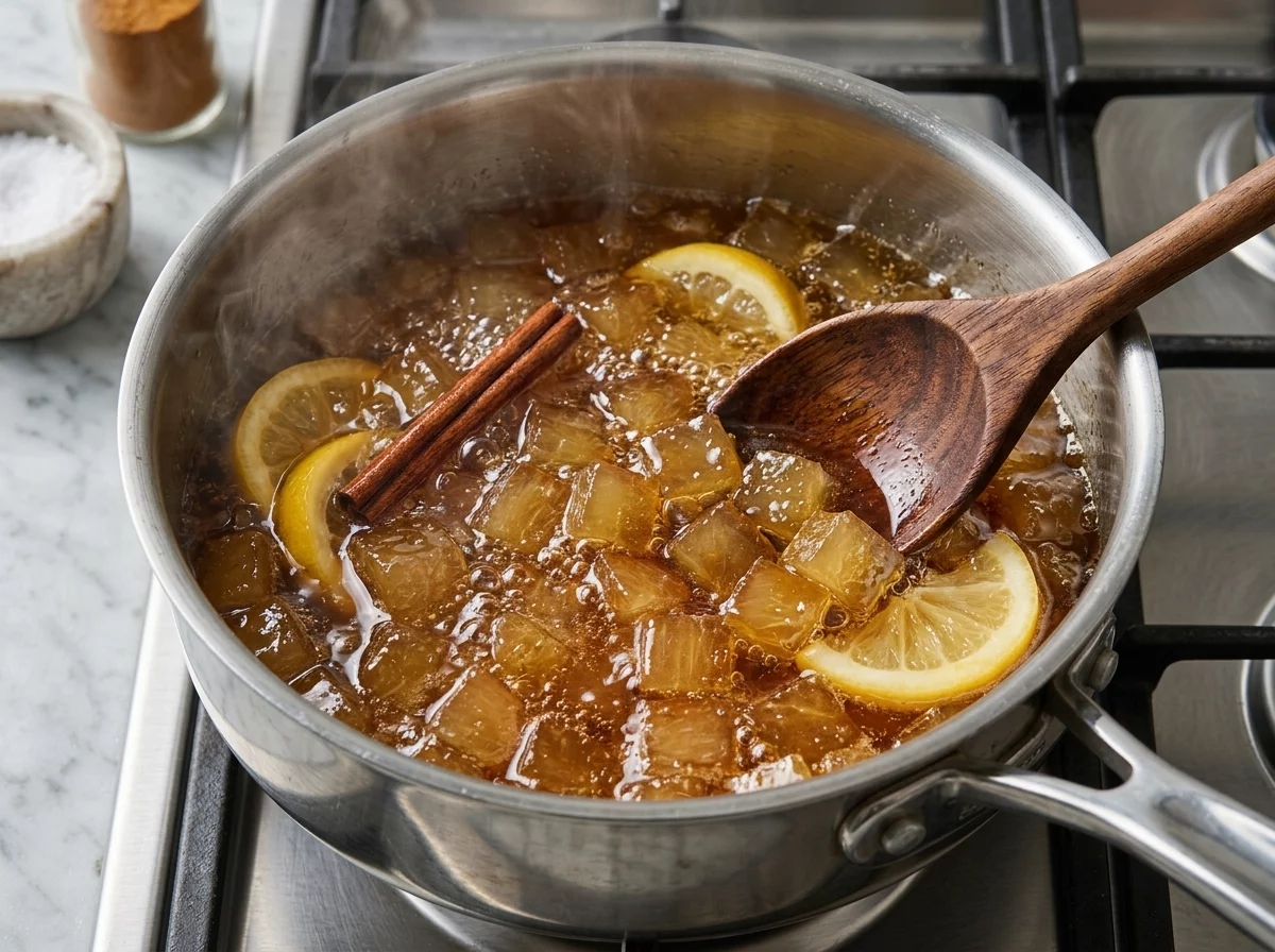 Watermelon rind cubes simmering in bubbling sugar syrup with lemon slices and a cinnamon stick in a saucepan