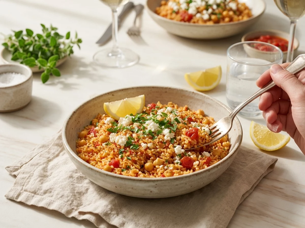 Bowl of tomato chickpea rice on a linen napkin with a fork and lemon wedge, ready to eat at the table
