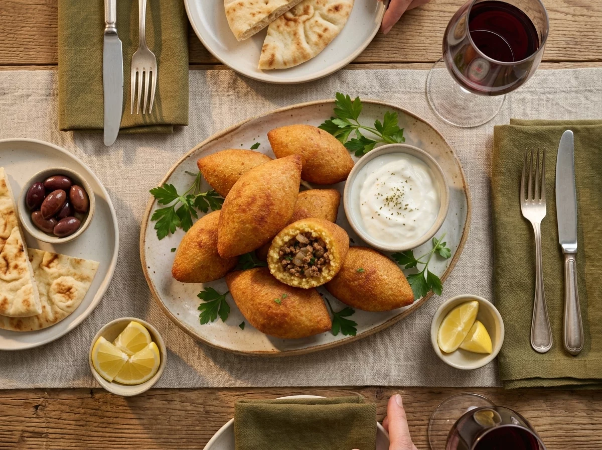 Wooden table set with a platter of fried koupes, lemon wedges, and olives as hands reach for one to eat
