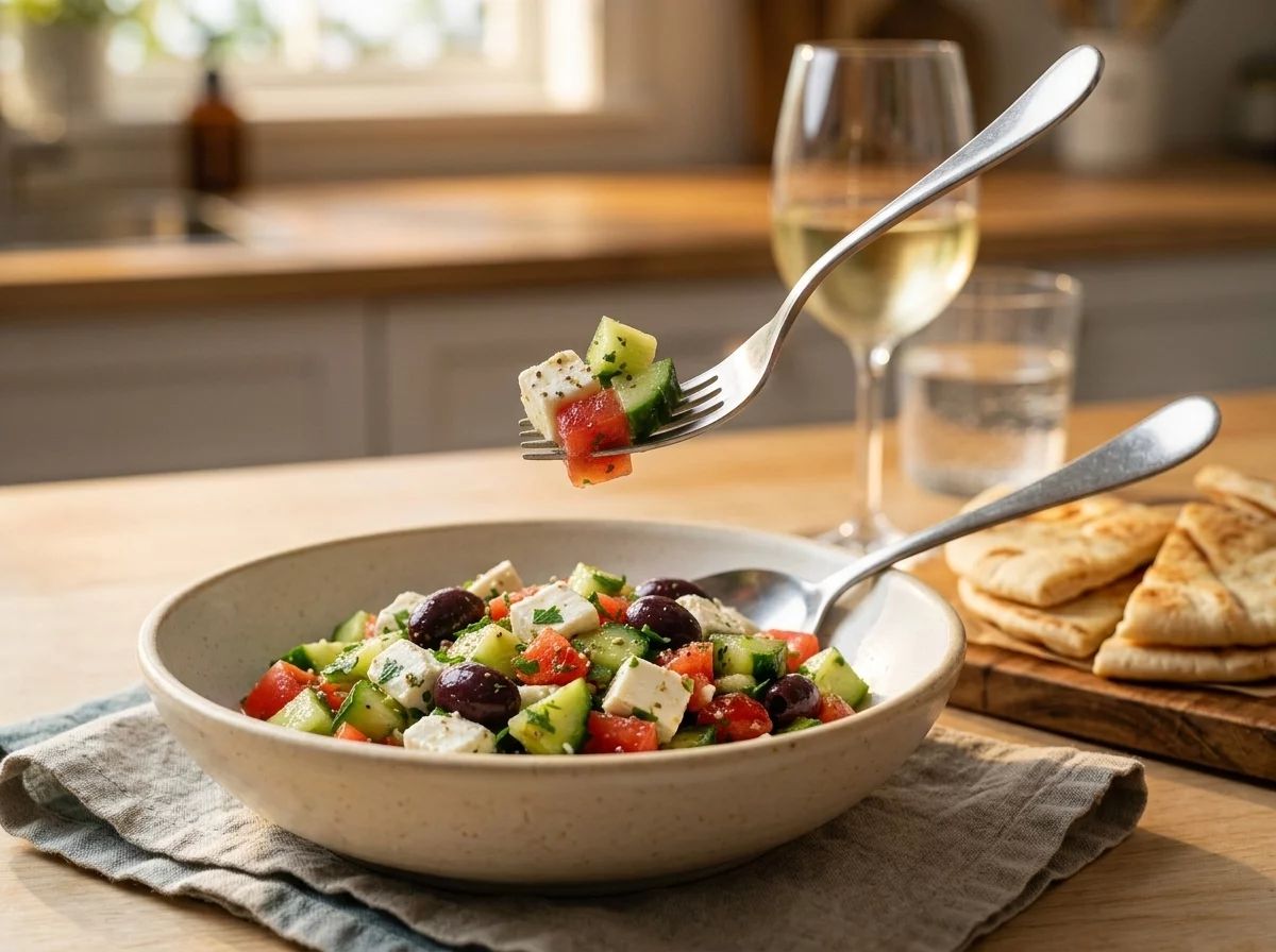 A rustic table with the salad bowl, warm pita, a glass of white wine, and a linen napkin in soft daylight.